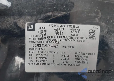 2012 Chevrolet Silverado 1500 Ltz z USA, uszkodzony, nr VIN 1GCPKTE72CF157692